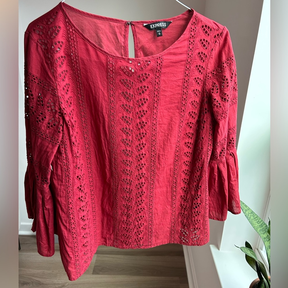 Express Maroon Eyelet Ruffled Bell Sleeve Shirt